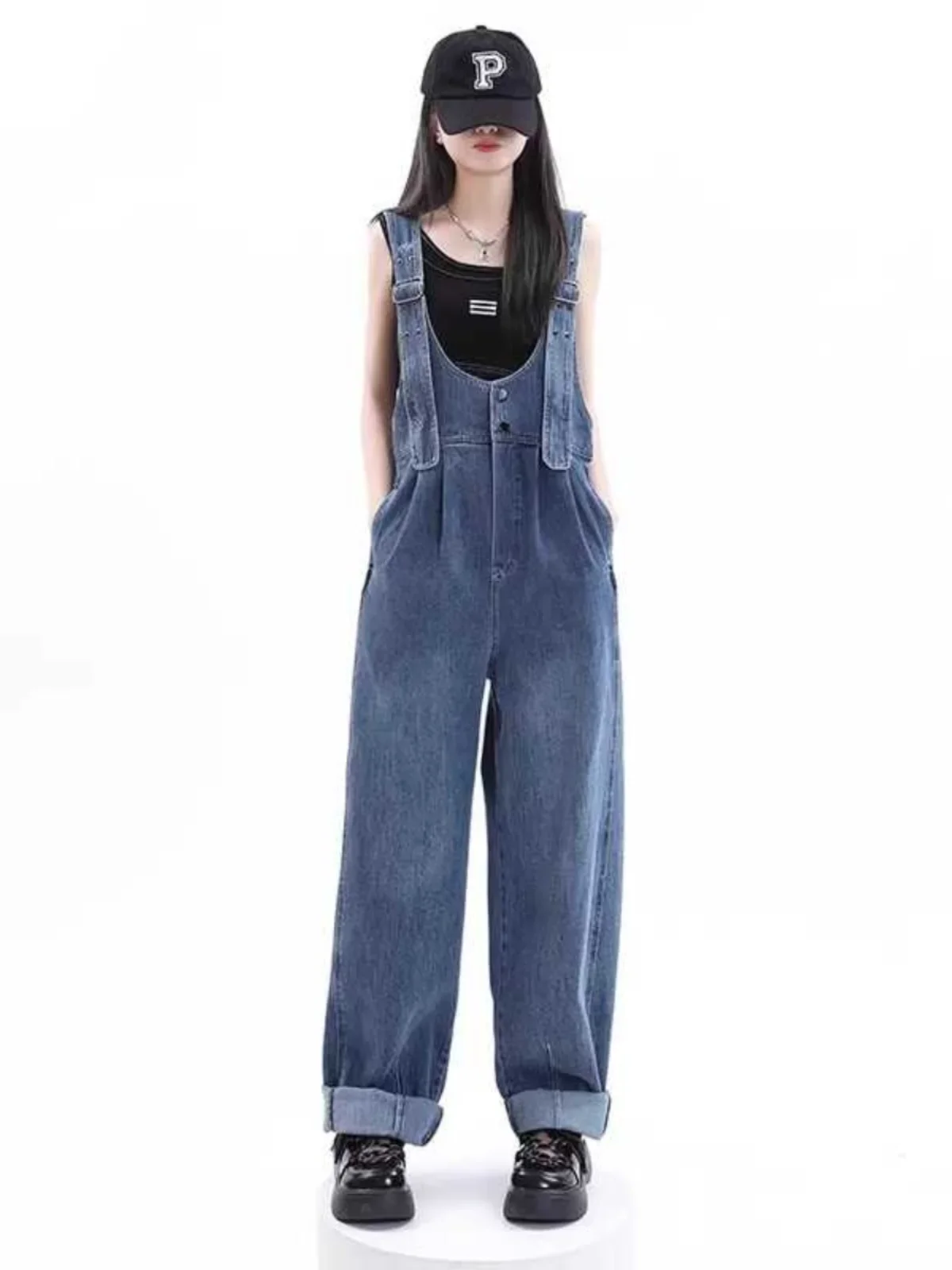 Womens Blue Vintage Suspender Jeans Fashion Pocket Baggy Straight Pants Streetwear Casual Wide Leg Denim Trouser Ladies Autumn