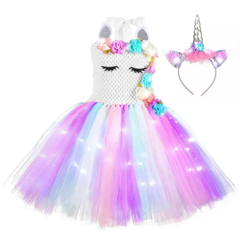 Little Girls Unicorn Cosplay Tutu Dress with LED Cute Cartoon Summer Mesh Princess Kids Glowing Dress Birthday Party for 2-10y