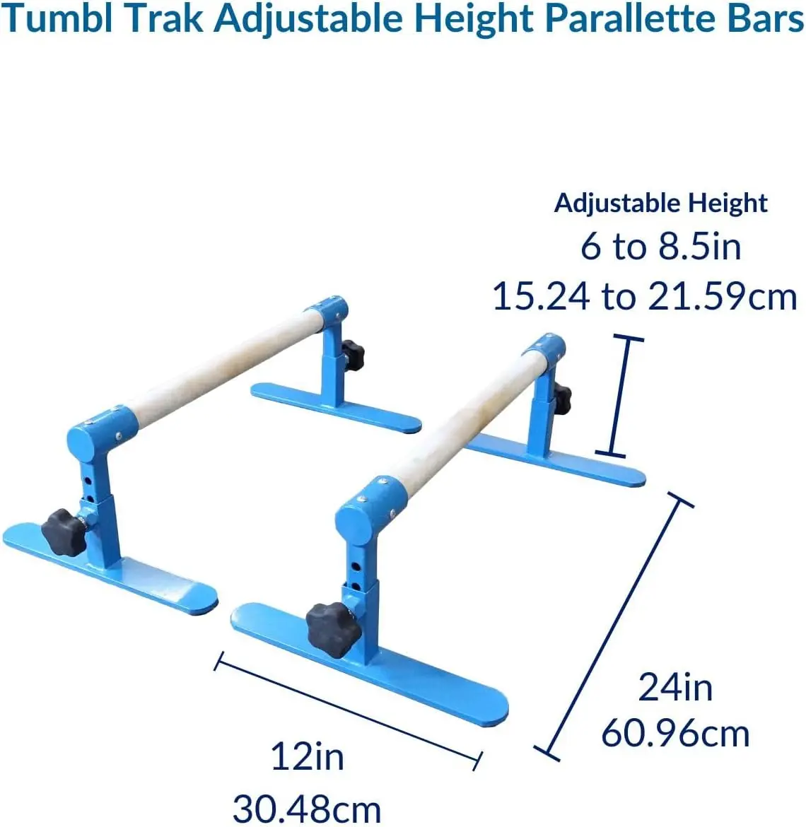 Adjustable Parallette Bars, Blue, Solid Beech Wood, Steel Frame, 6-8.5in Height