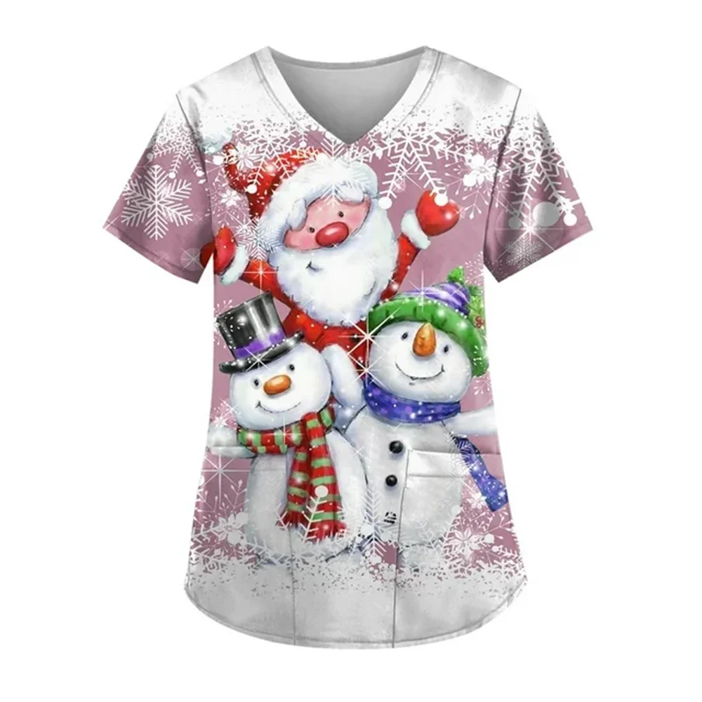 Women's V-Neck Christmas Print Nurse Scrub Working Uniform Top ladies fashion Short Sleeve Fun T-Shirts Workwear Tee With Pocket