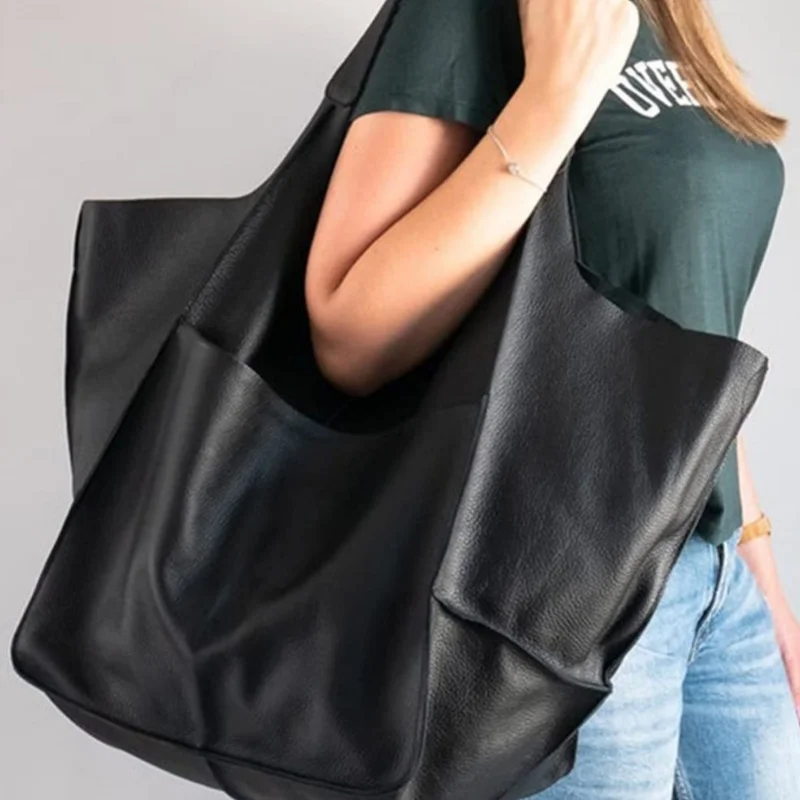 Large Capacity Tote Tote Bag Niche Simple Multifunctional Handbag European and American Retro Soft Leather Large Bag