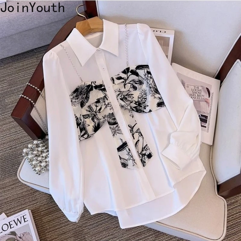 Fake Two Women Shirts 2024 Camisas De Mujer Long Sleeve Patchwork Print Blouses Beading Fashion Korean Blouse Tops Female 27y433