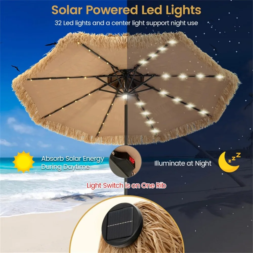 Sombrilla grande para exteriores, cubierta a prueba de viento con luces solares, duradera y resistente a la decoloración, resistente al óxido, para Patio