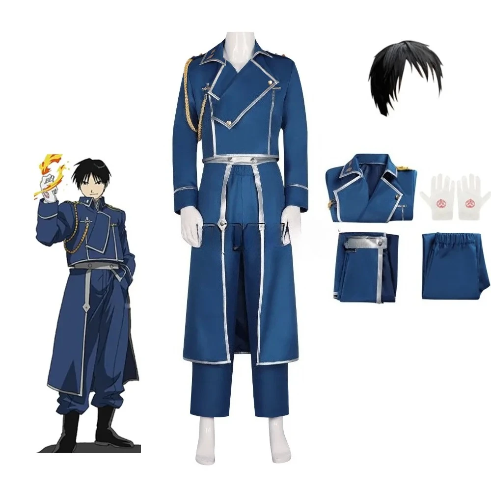 أنيمي Fullmetal الخيميائي تأثيري روي موستانج زي الزي العسكري البدلة معطف السراويل قفازات مجموعات ملابس الهالوين