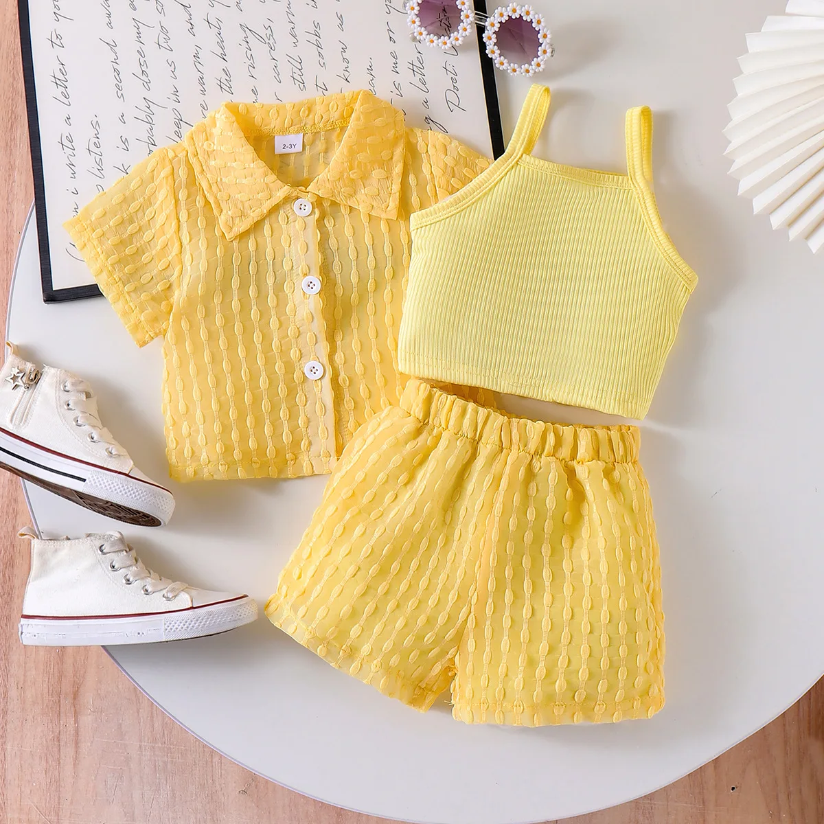

Children's Clothing European and American Children's Clothing Yellow Shirt Vest Shorts Set Casual Loose Baby Suit