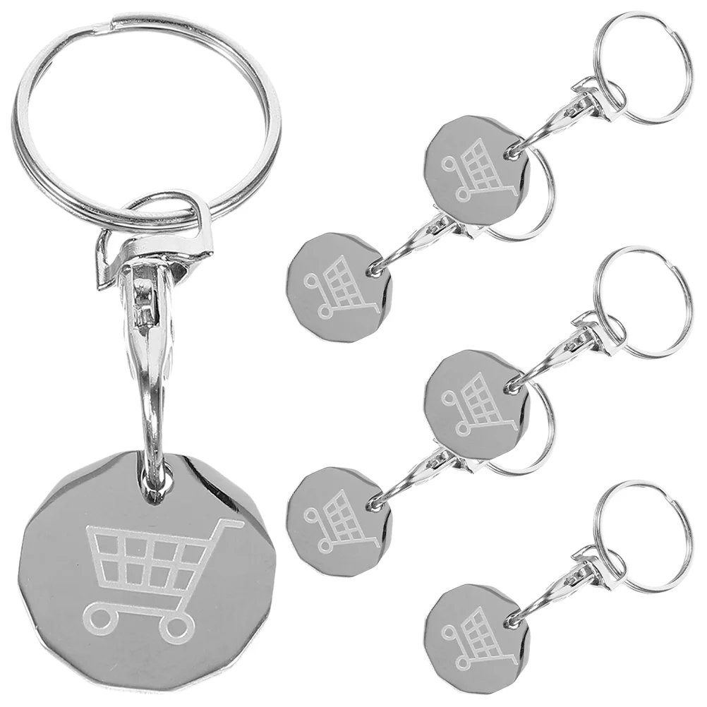 6 Pcs Cart Token Pendant Key Fob Shopping Trolley Keychain Ring Small Stainless Steel Rings Keyrings