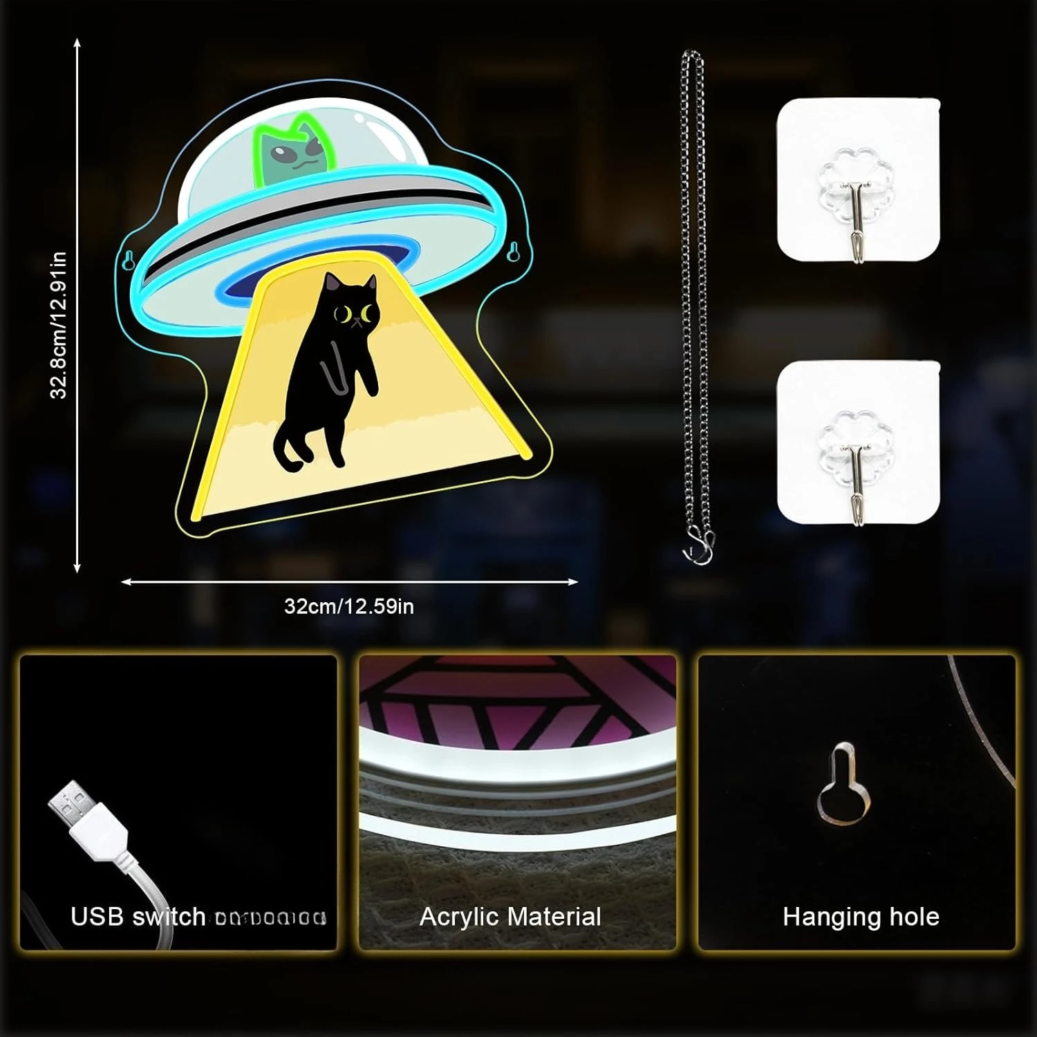 UFO القط النيون تسجيل لهدايا عيد الميلاد USB عكس الضوء LED أضواء النيون للمنزل حفلة بار رجل كهف الحيوانات الأليفة متجر مول الفنان استوديو ديكور