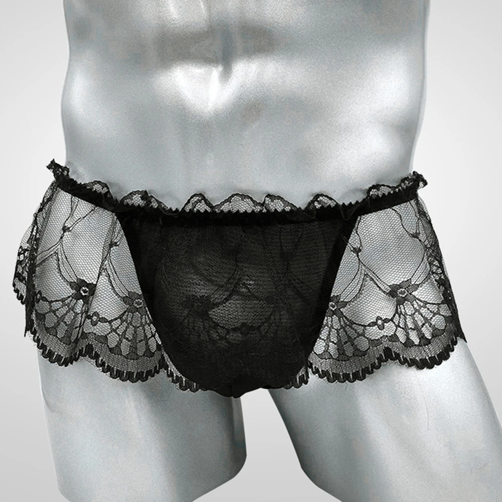 

1pc Men Sexy Briefs Bikini Thongs Transparent Lace Underwear Low Waist Pouch Skirts Panties T-back G-strings