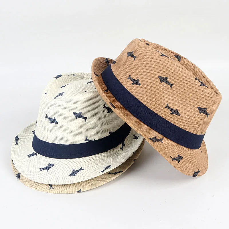 Sun Hats Men Women Kids Boy Fedora Hat 2024 Summer Paper Fish Print Short Sleeve Casual  Jazz Top Beach Sun Cap