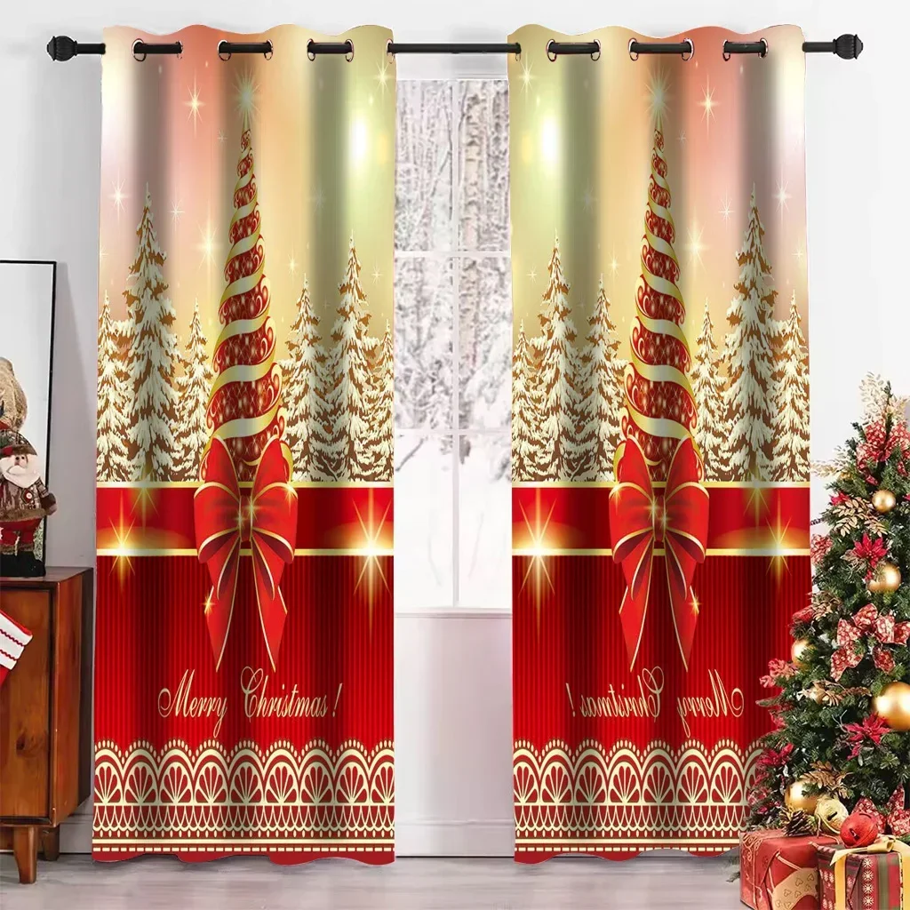 Happy New Year Christmas Curtain Traditional Festival Snow Tree Living Room Bedroom Window Curtains Kitchen Drapes