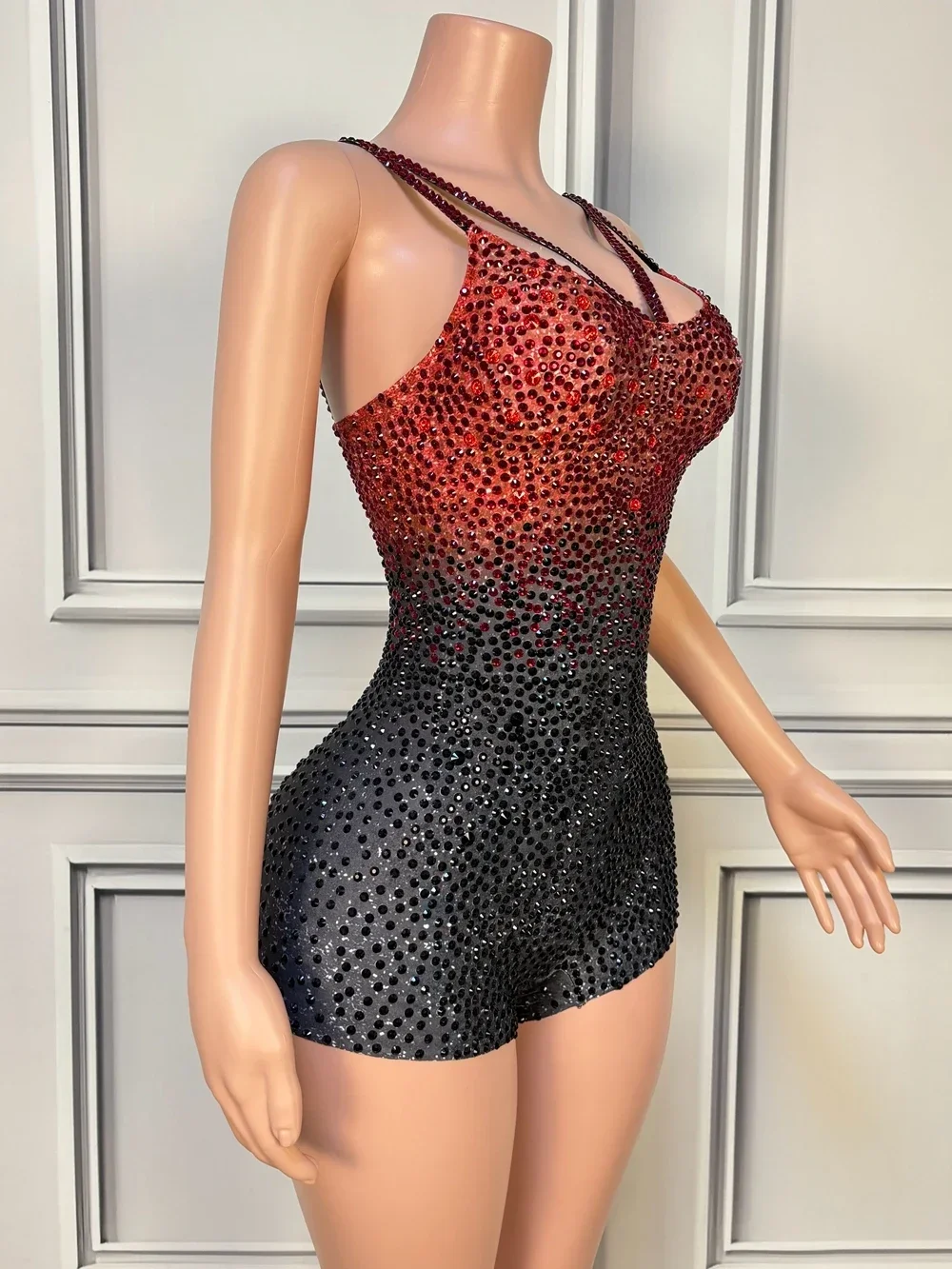 Customized Sparkly Black Red Rhinestones Bodysuit for Women Sexy Sleeveless Nightclub Performance Dance Costume Stage Wear