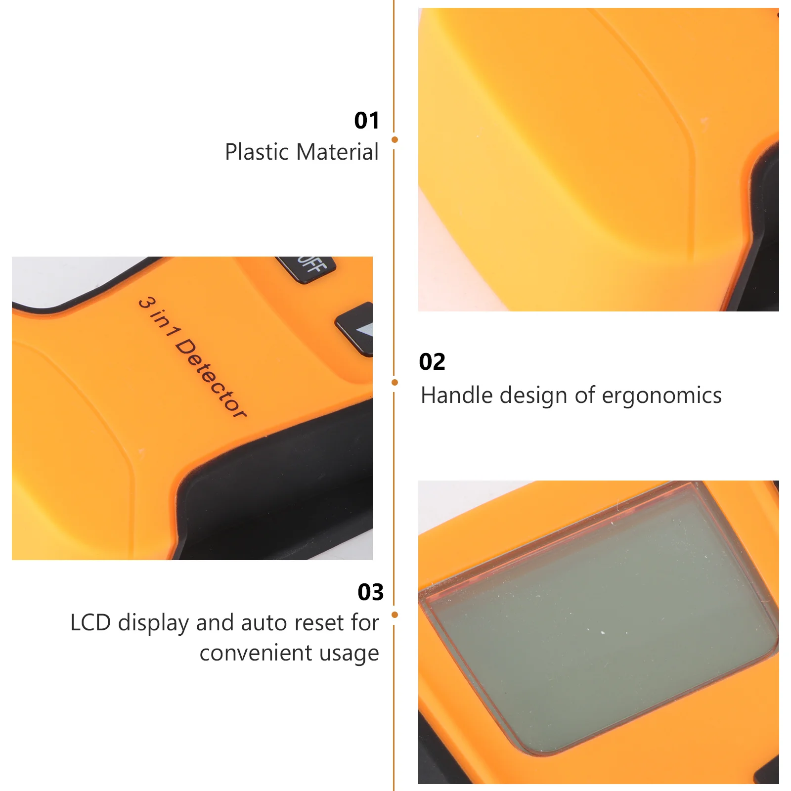 

Handheld 3-in-1 Wall for Metal Wood Studs and Live Wire Finding LCD Display Ergonomic Design Auto Reset Orange