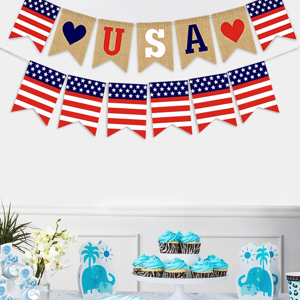 

2Pcs Burlap Banner Usa Patriotic Bunting Colorful I Love Usa Flag Birthday Party Decoration American Independence Day Hanging