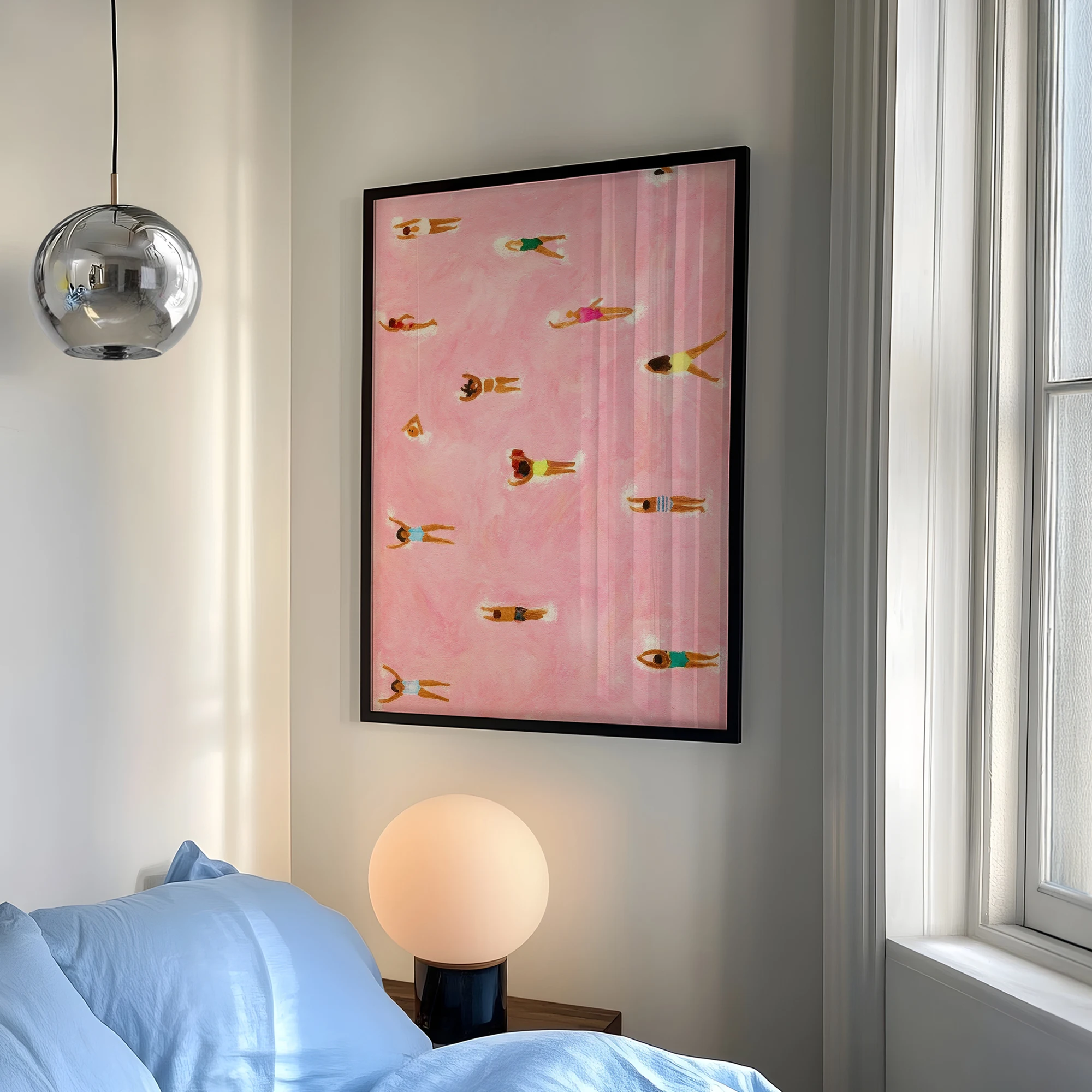 Arte de parede minimalista com nadadores pequenos na piscina, praia rosa, impressão em tela, pôster, imagem para sala de estar, quarto, decoração de casa