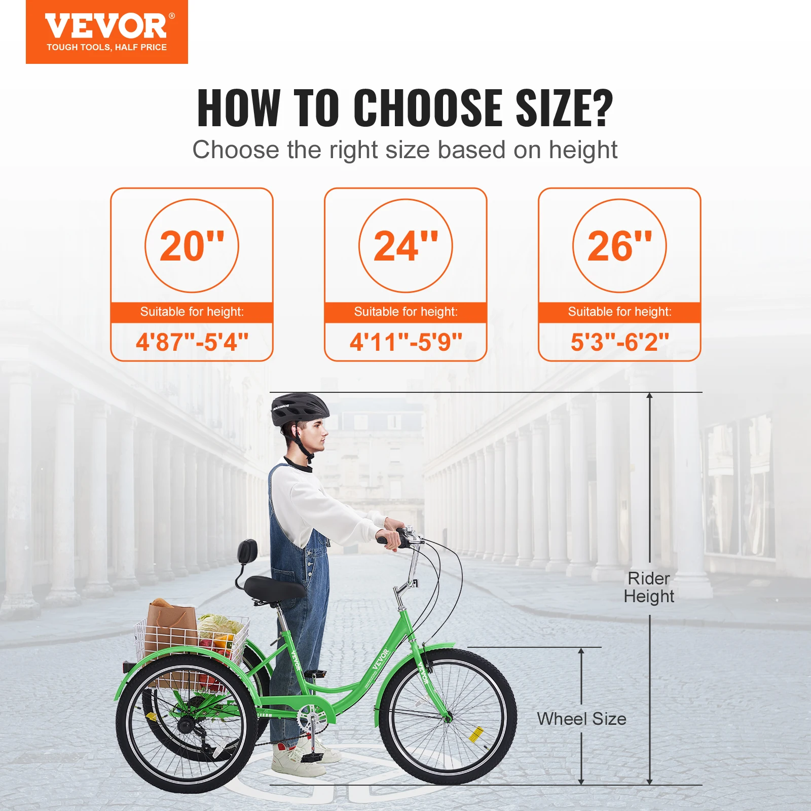 VEVOR 26 Inch Adult Tricycles Bike Three-Wheeled Bicycles Cruiser Bike Picnic Shopping Tricycles for Seniors Women Men (Green)