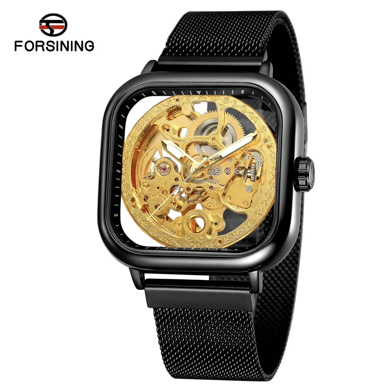 Forsining Mens Black Automatic Mechanical Steampunk Mesh Watch Great Gift Idea Мужские автоматические часы