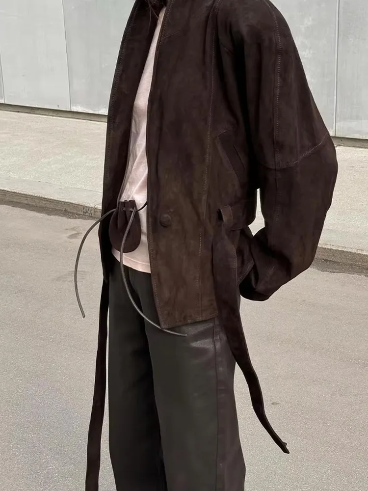 HH المرأة الخريف الصلبة التلبيب مربوط مع جيوب طويلة الأكمام سترة الإناث العصرية الجلد المدبوغ الملمس شارع العليا السببية معاطف