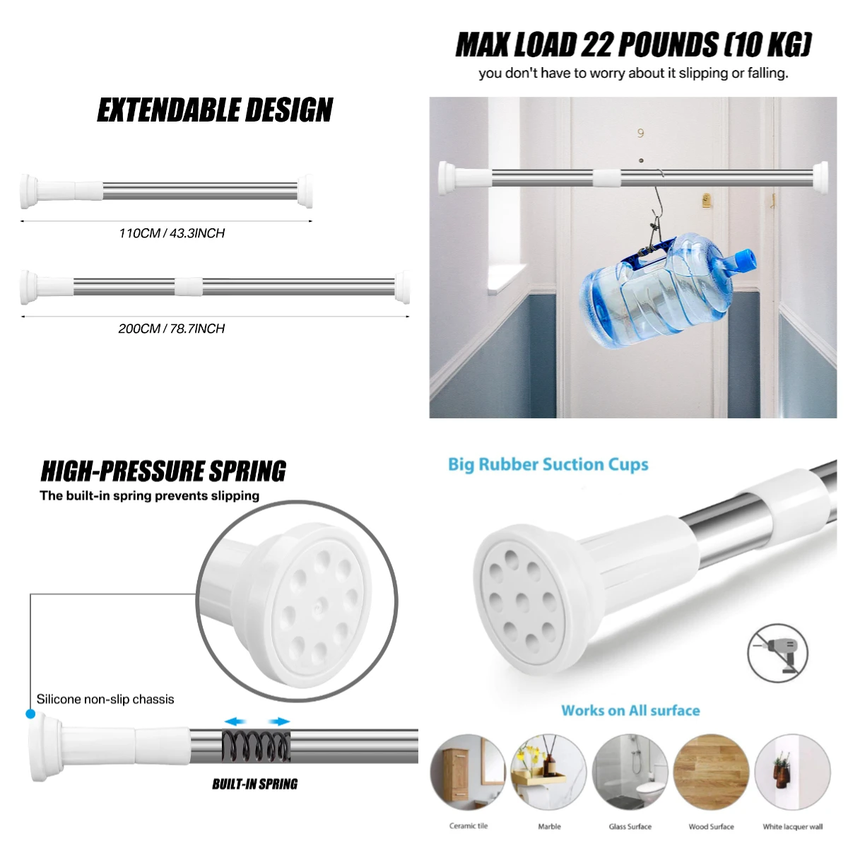 تمديد دش قضيب الستارة الستار التوتر القطب 50-260 سنتيمتر لا الحفر تلسكوبي الستار القطب قابل للتعديل قوي دش السكك الحديدية
