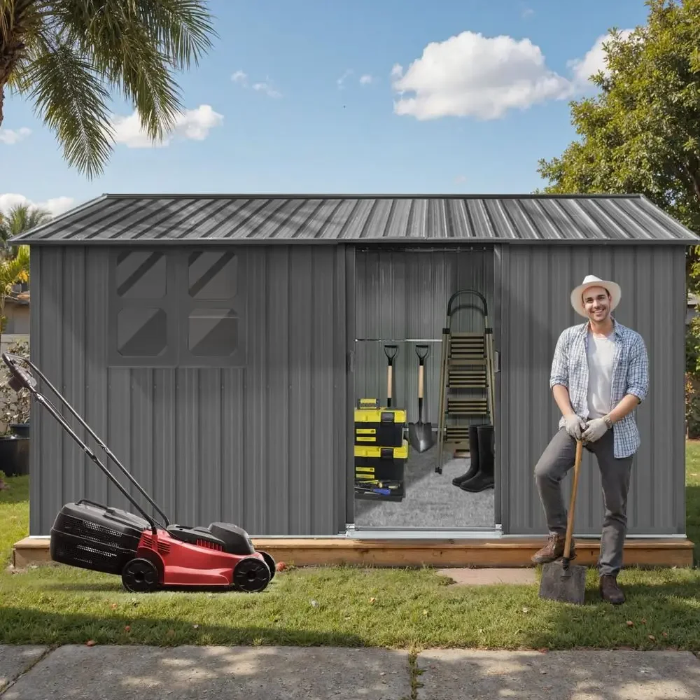 12x10 Outdoor Steel Storage Shed with Window, Sliding Door, and 4 Air Vents - Grey