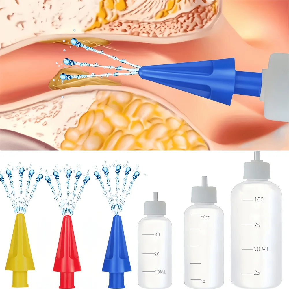 Manual Ear Cleaning Kit, Includes 3 5-Hole Ear Cleaning Tips, Paired with 3 Squeeze Bottles of Different Capacities (30Ml/50Ml/100Ml), Can Be Operated with One Hand, Is Soft and Does Not Harm the Ear Canal, 5-Hole Water Outlet for All-Round Cleaning, Manual Ear Cleaning Kit, Removes Earwax and Cerumen, Safe and Effective Cleaning Kit