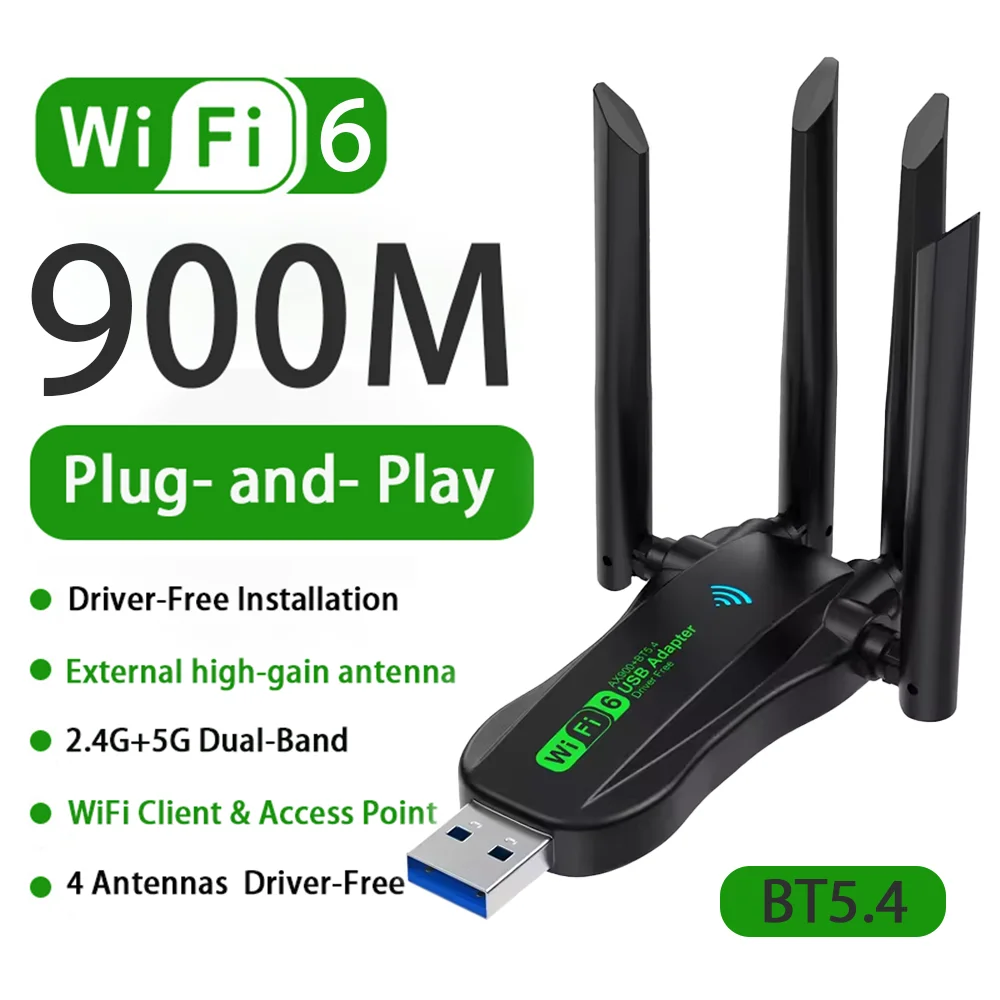 

WIFI 6 AX900 4 Antennas USB WiFi BT 5.4 Adapter 2in1 Dongle Wireless External Network Card Driver Free for Windows 10/11