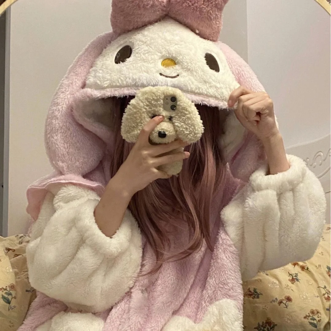 Autumn and winter new cute rabbit hooded pajamas coral velvet fun cartoon women\'s pajamas set thickened robe nightgown