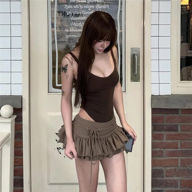 

Fashion Retro Belt Pleated Skirt Y2K Pastoral Style Brown Fashionable Low Waist Skirt Women's Personalized Street Cake Skirt