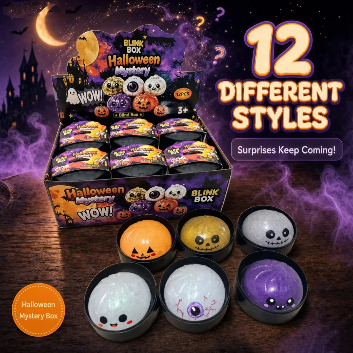 Halloween Mystery Blind Box Squeeze Toy 12Pcs Assorted Glitter Fidget Balls Surprise Stress Relief Toys for Kids Party