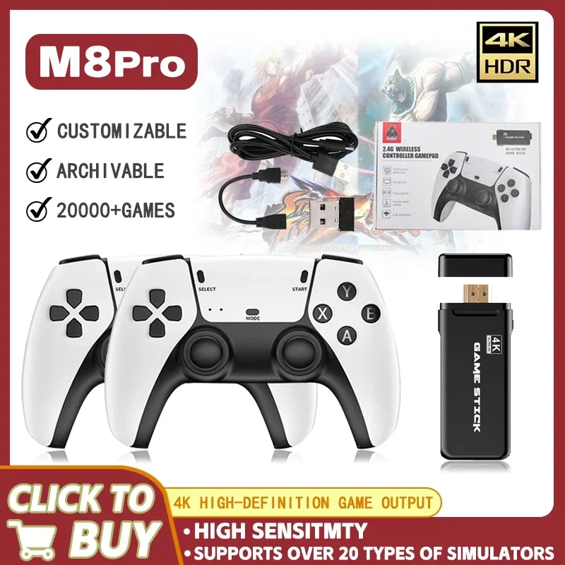 

Retro Video Game Console M8pro Game Console 2.4G Dual Wireless Controller TV Game Stick 4K 64GB 20000+Gaming Children's Christma