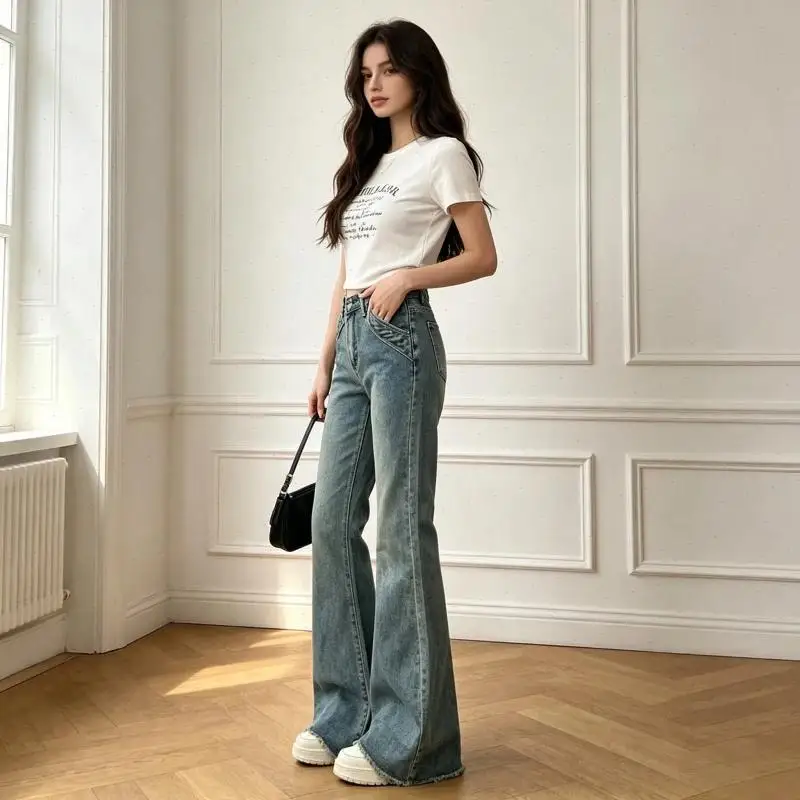 Bootcut Jeans Women Denim Pant Washed Distressed High Waist Trousers Dege Full Length Y2k Streetwear Work Casual Summer 2026