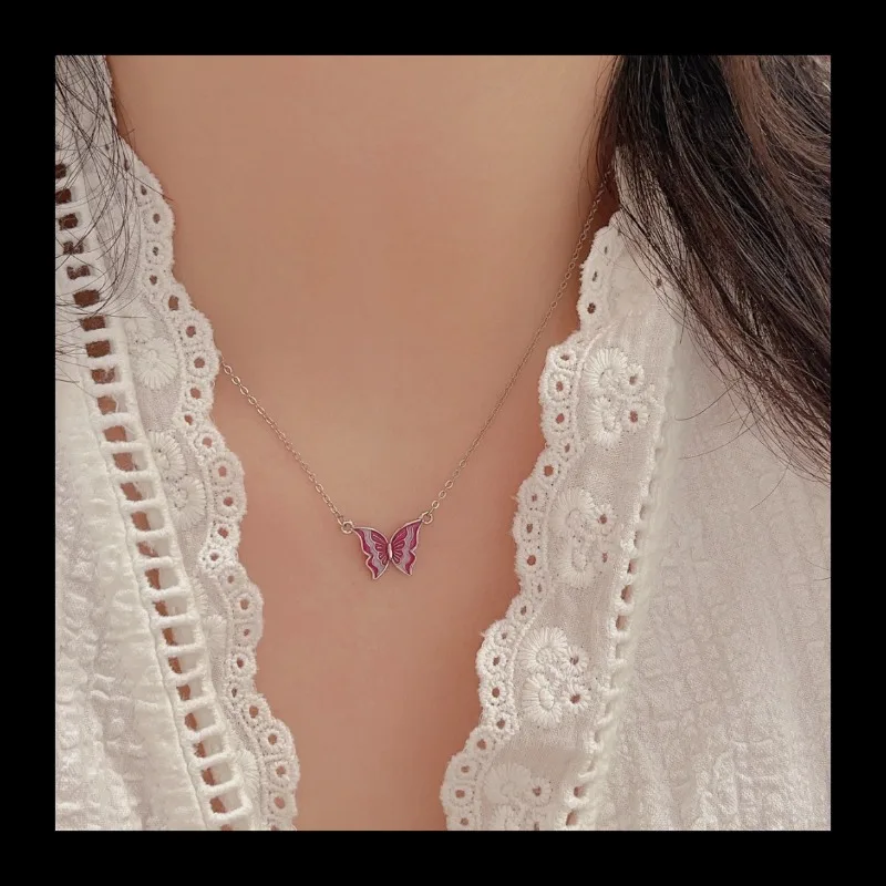 Wenyi نمط S925 الفضة الاسترليني جديد الوردي والأبيض الايبوكسي فراشة قلادة عصرية خفيفة فاخرة الراقية قلادة المرأة