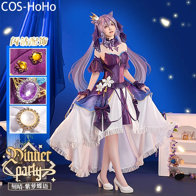 COS-HoHo Genshin Etki Keqing Menekşe Kelebek Dil Muhteşem Elbise Üniforma Cosplay Kostüm Cadılar Bayramı Partisi Kıyafet Kadın