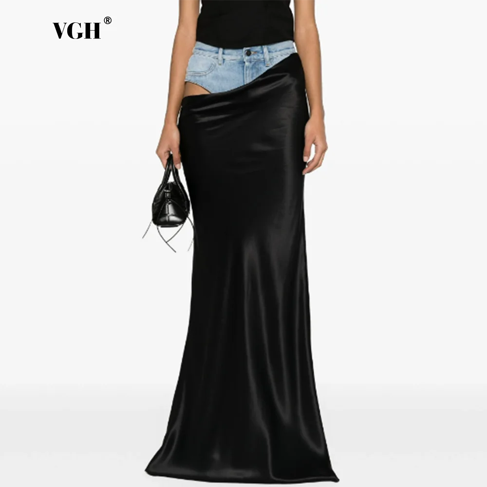 VGH Temperament Spliced Denim Chic Long Skirts For Women High Waist Elegant Slimming Thigh Split Skirt Female Fashion Style New