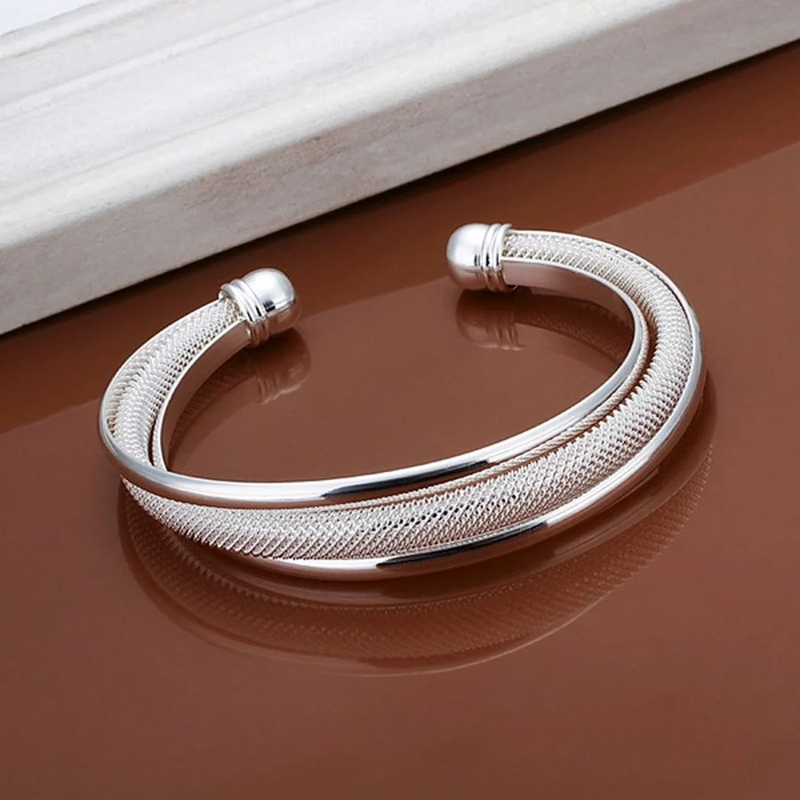 925 Sterling Silver Bangle for women lady wedding elegant retro trend hypotenuse net circular openings bracelet fashion jewelry