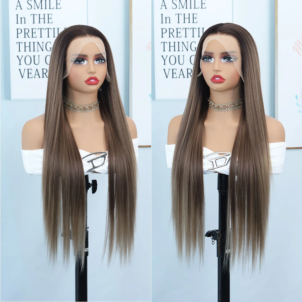 Brown Highlight Lace Front Wig with Dark Roots, Glueless Heat Resistant Synthetic Wig, 24 Inch Straight Hair for Women Daily Use