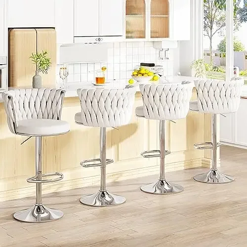 Velvet Beige Bar Stools Set of 4, Swivel Bar Height Barstools with Adjustable Counter Height, Upholstered Kitchen