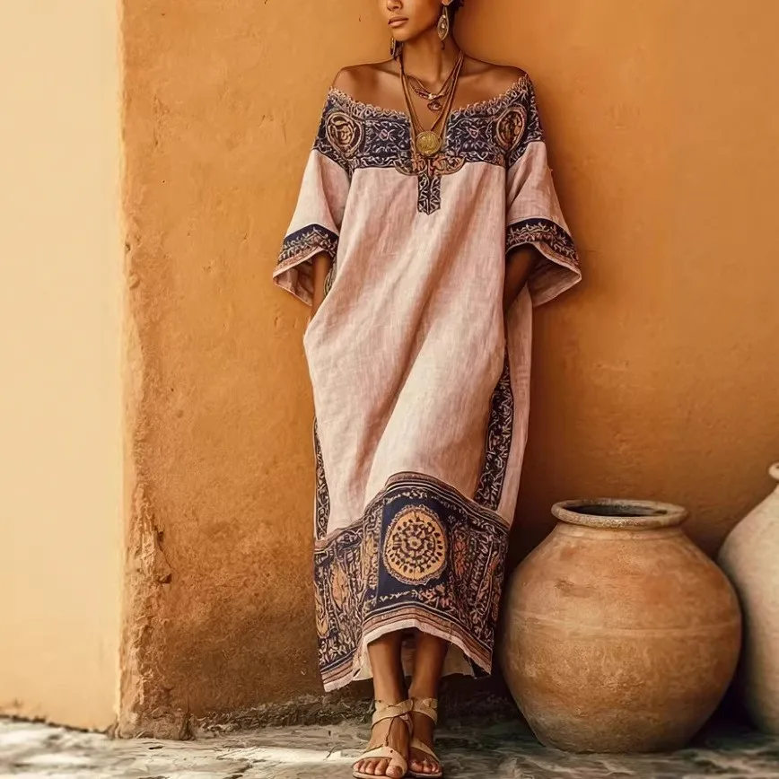Summer Woman Dress Round Neck Short Sleeve Dresses Women's Casual Bohemian Print Maxi Dress Boho Dress Ethnic Pattern Off