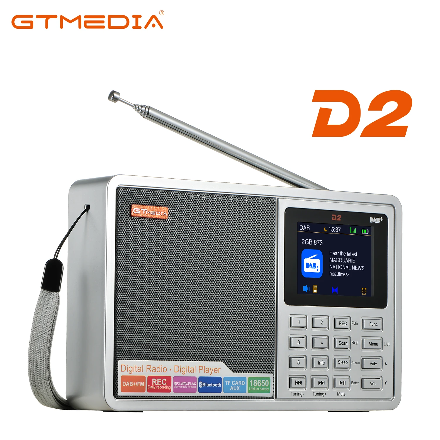 

2024 FM Radio GTMEDIA D2 Portable DAB Digital Bluetooth Speaker AUX IN TF Card Slot MP3 Player Recording Clock Alarm Sleep Timer