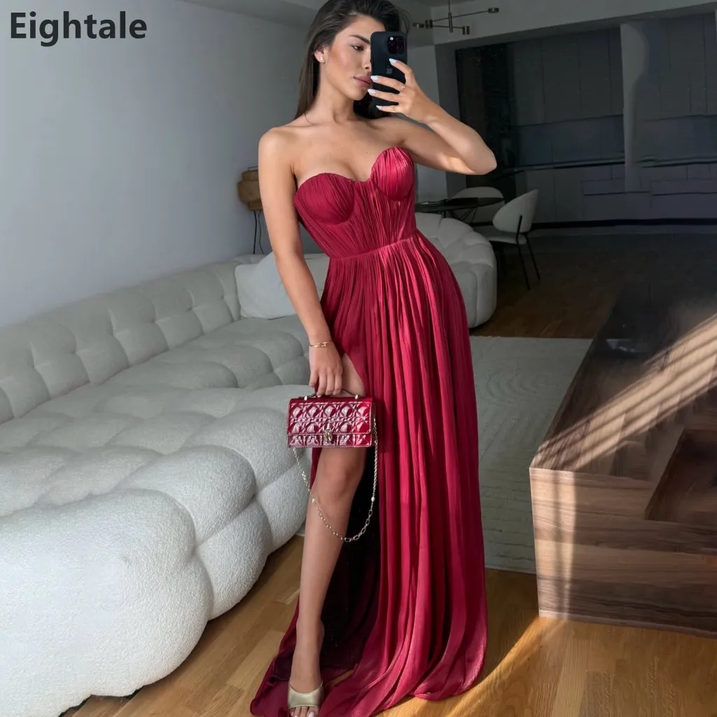 

Eightale 2026 Burgundy Sweetheart Evening Dress Pleated Bodice High Slit Floor Length Dubai Formal Party Gown Customized