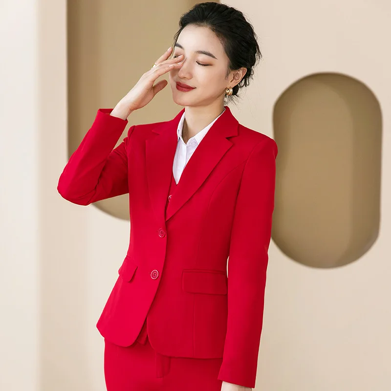 Professional Tailored Suit Suit Temperament Female Autumn and Winter Long Sleeves Suit Hotel Front Desk Work Uniforms Korean Sty