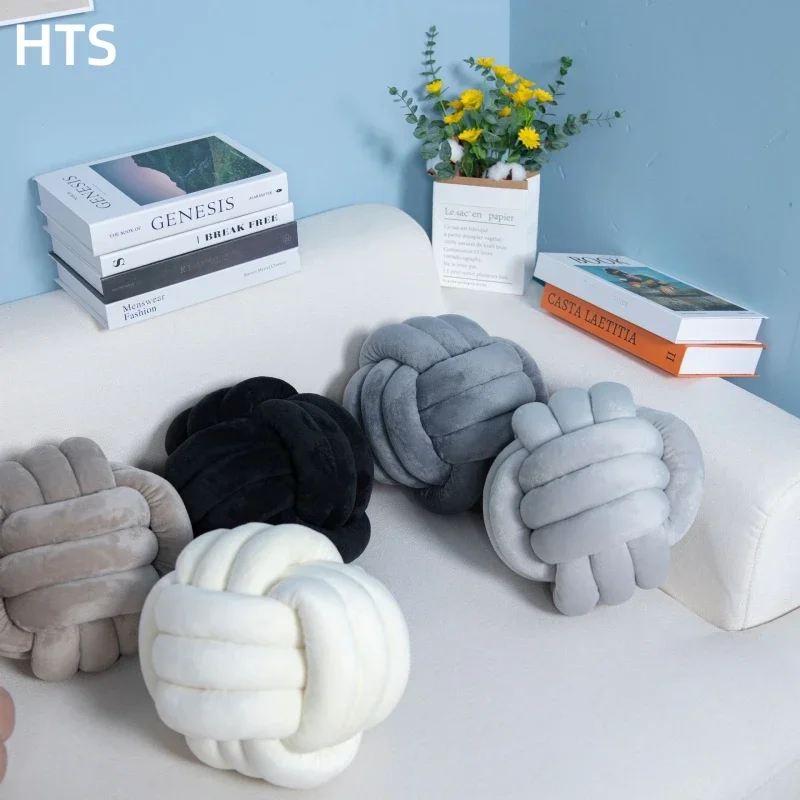 Solid Color Knot Pillow Ball Shaped Decorative Throw Pillows Cute Couch Cushion Knotted Plush Pillow Handmade Braided Cushion