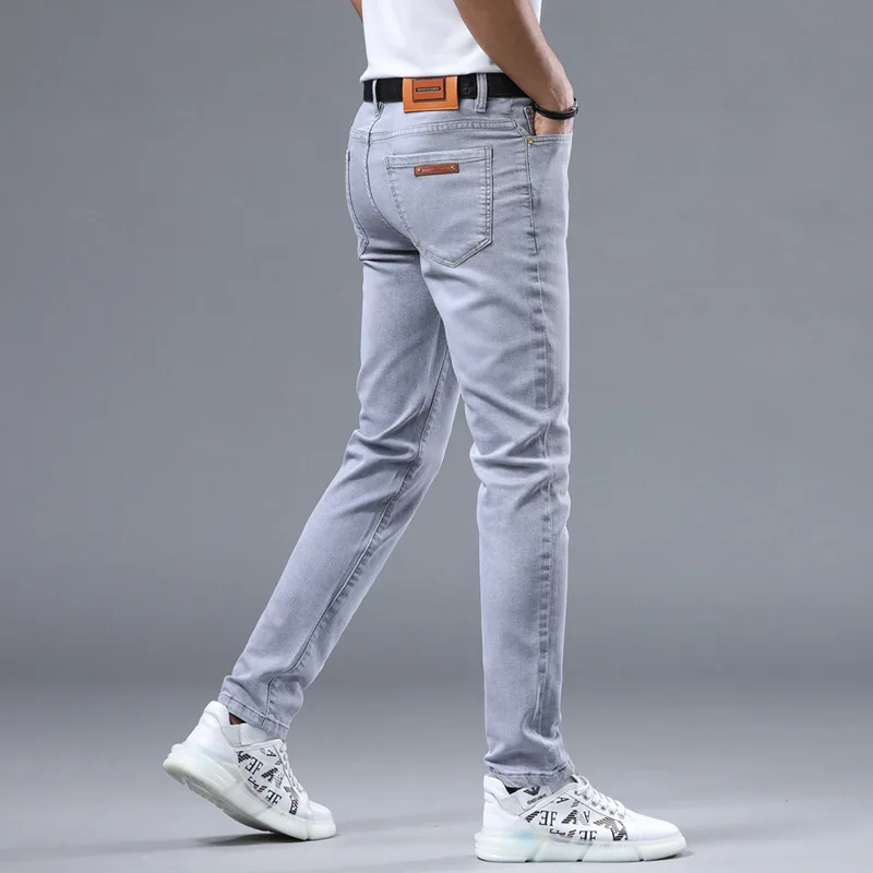 Jeans casual de perna reta masculina, jeans slim, cinza claro, elástico, lavado, luxo acessível, luxo acessível, novo, primavera, 2022