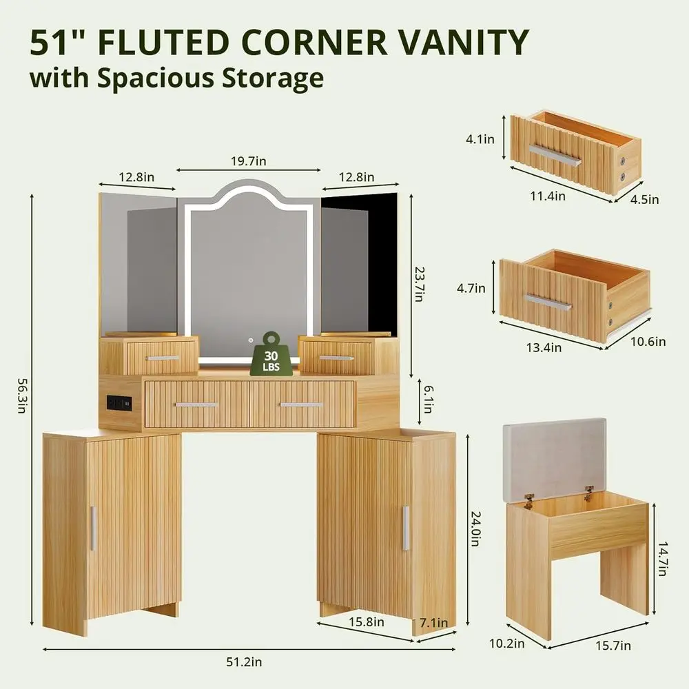 URSUN luted Makeup Vanity Desk with HD 3 Way Mirror and Lights, 51
