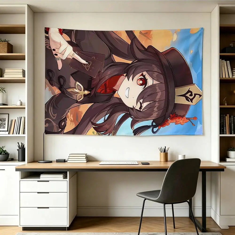 H-Hu Tao Genshin Flags Wall Hanging Background Art Banner for Bedroom Home Outdoor Decor
