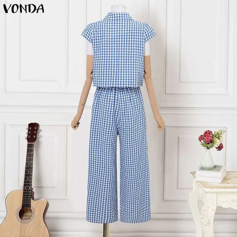 VONDA Plus Size Women Outfits Retro Plaid Tops Elastic Waist Loose Wide Leg Pants Summer Suits 2026 Elegant Pants 2 Piece  Sets