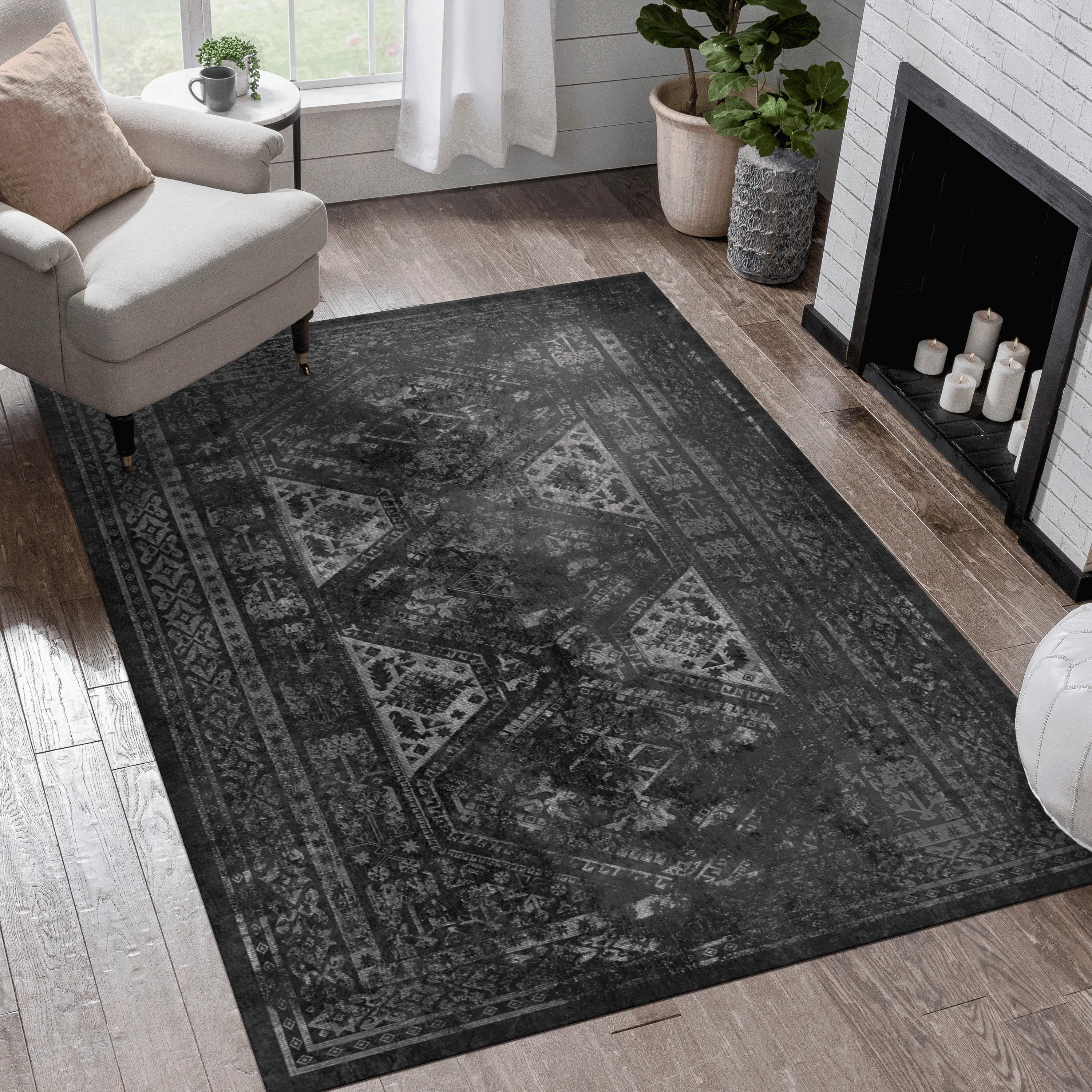 

Washable Rug, Low-Pile, Non-Slip, Non-Shedding, Foldable - Area Rugs for living room rug - Perfect Gifts, (Black+ Gray, 5' x 8')