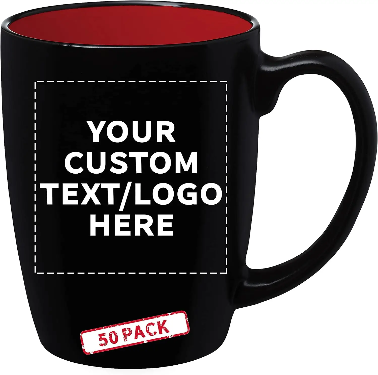 50 Java Two Tone Coffee Mugs Set, 12 oz. - Customizable Text, Logo - Stoneware, Durable, Easy Grip - BLACKRED