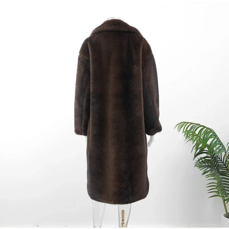 Dunkelbrauner Kunst pelz langer Mantel einreihige Damen Fleece jacke Trenchcoat 2023 Winter flauschiger Plüsch warmer Mantel neu – Detail 18