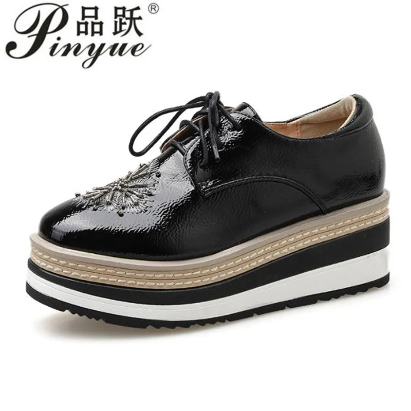 6cm Woman Spring Autumn Women Derby Platform Flats Brogue Leather Lace up Classic Bullock Footwear Gold Female Oxford Shoe 34-39