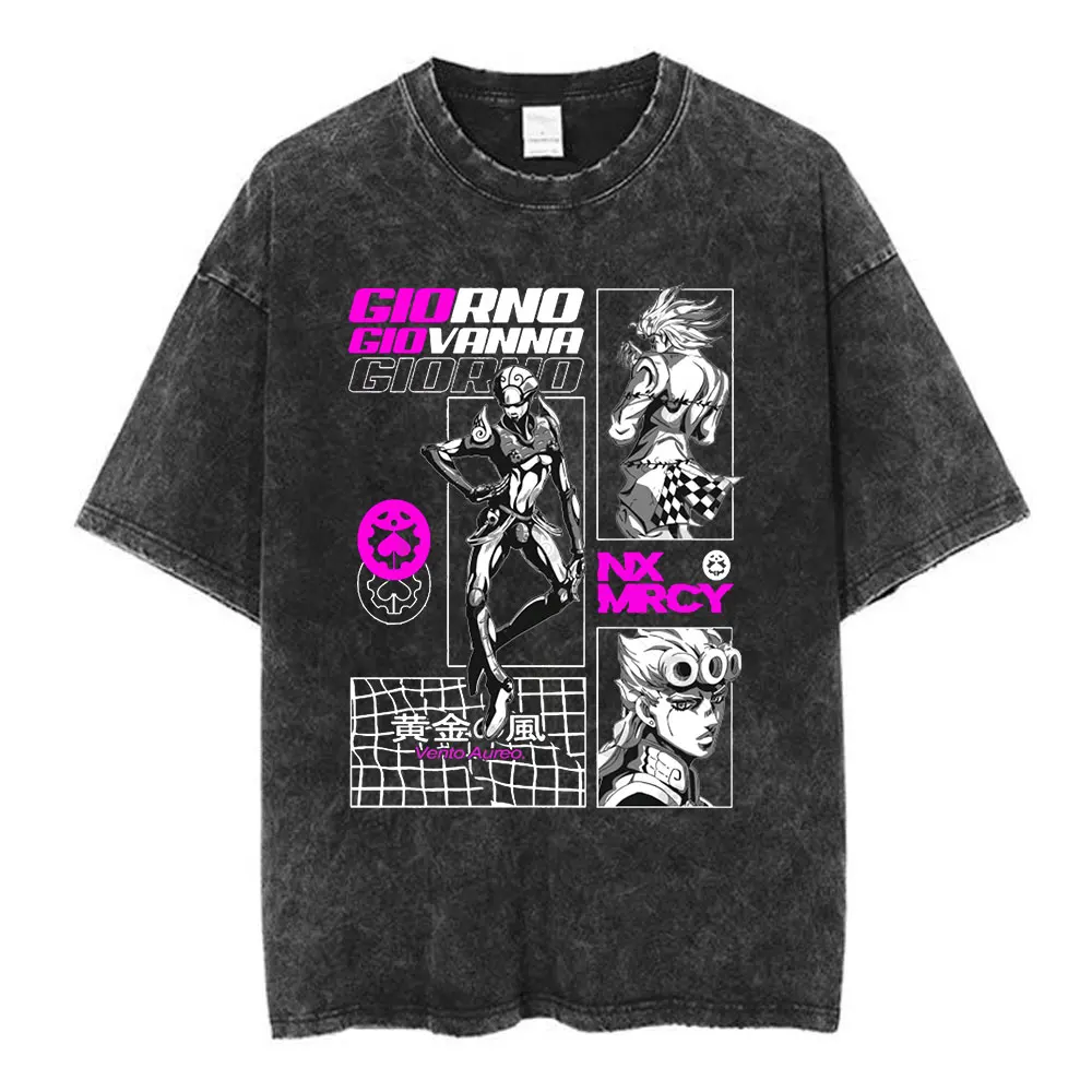 

Retro Washed T-shirt Anime Jojo Strange Adventure Fun Valentine's Day T-shirt Men's Women's Casual Cotton Short Sleeved T-shirt